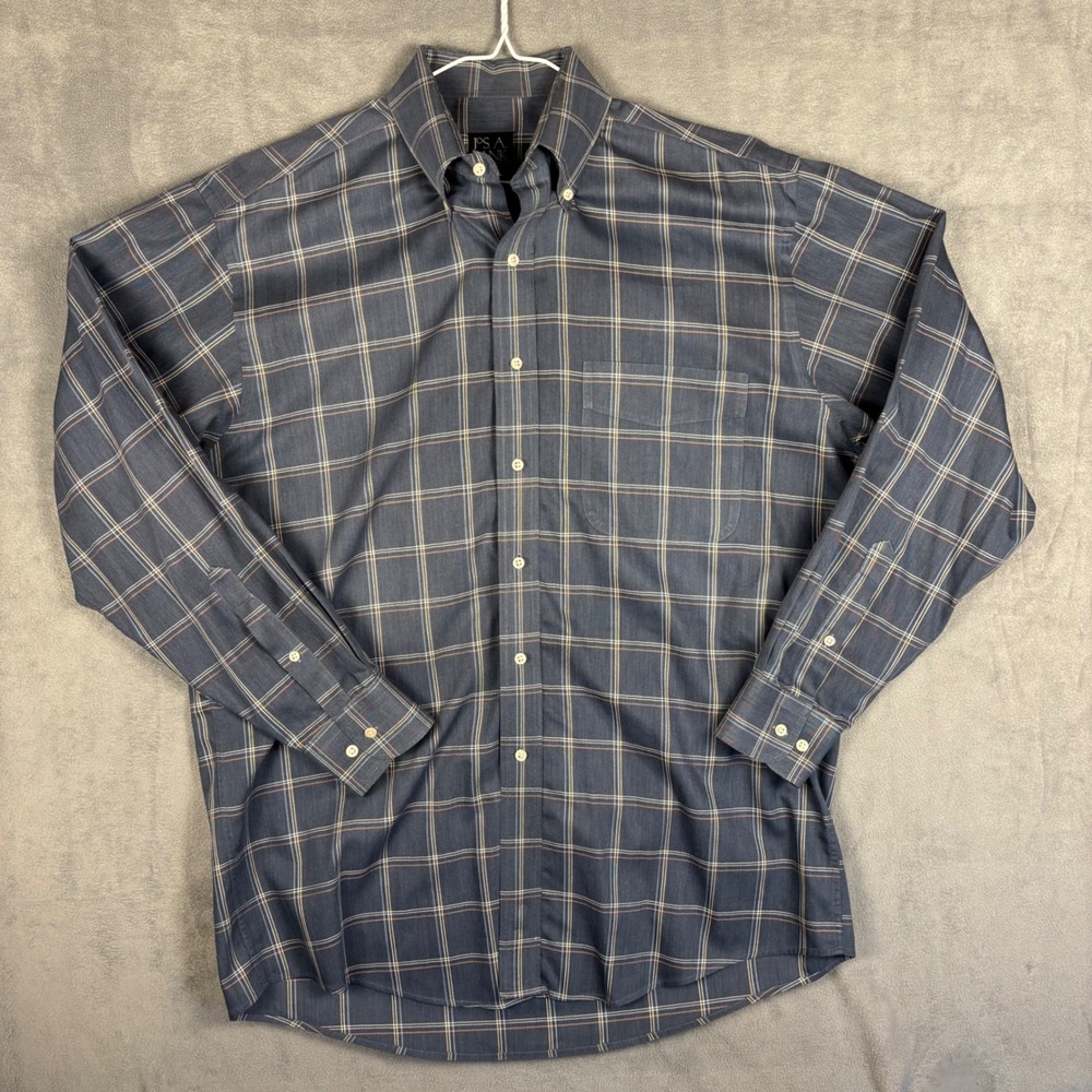 Jos A Bank Mens M Travelers Collection Plaid Button Down Shirt Blue Long Sleeve